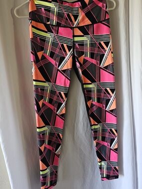 Victoria's Secret Black Leggings with Neon Pink, Orange & Lime Geometric Design